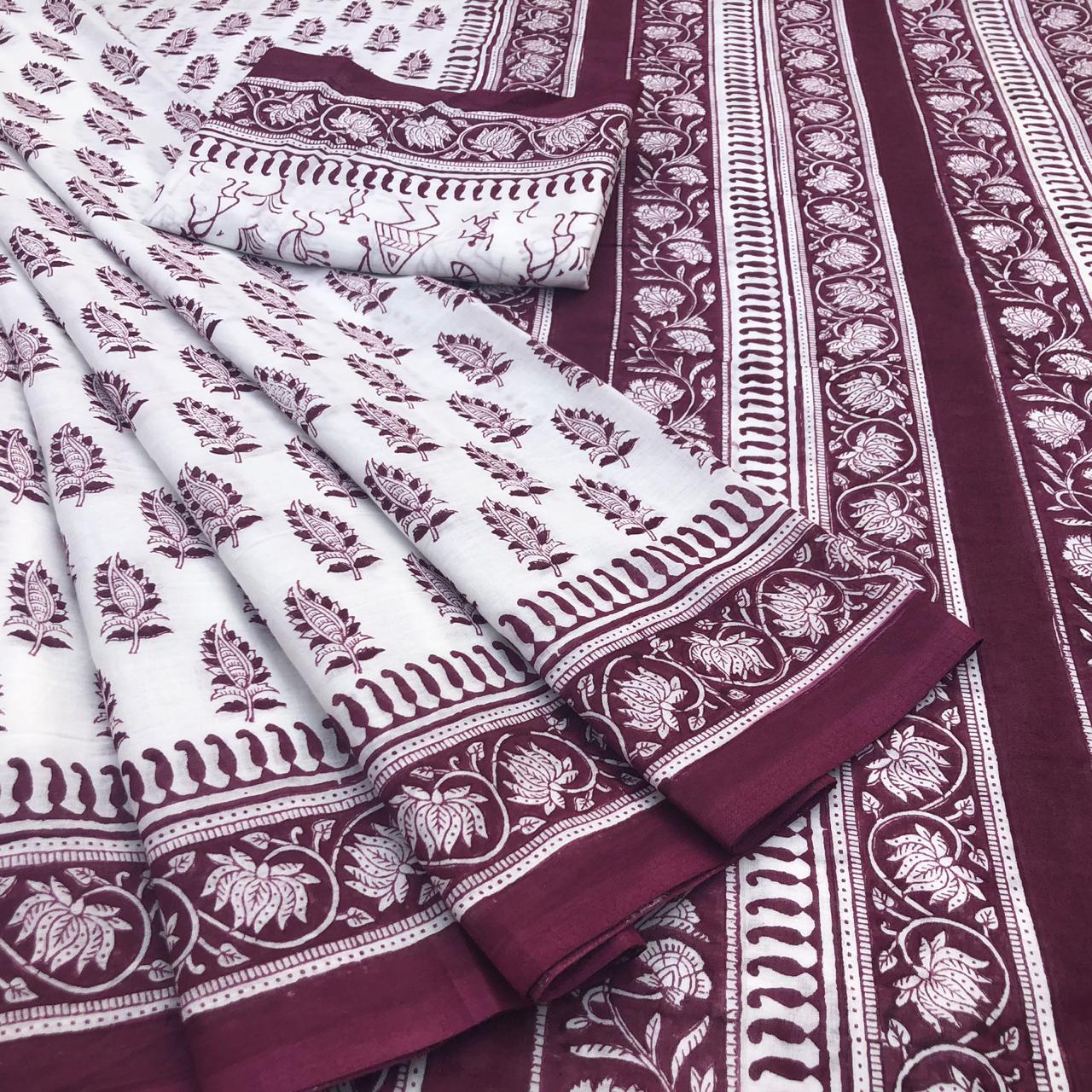 Amazing Handblock Print Mulmul Cotton Saree with Blouse