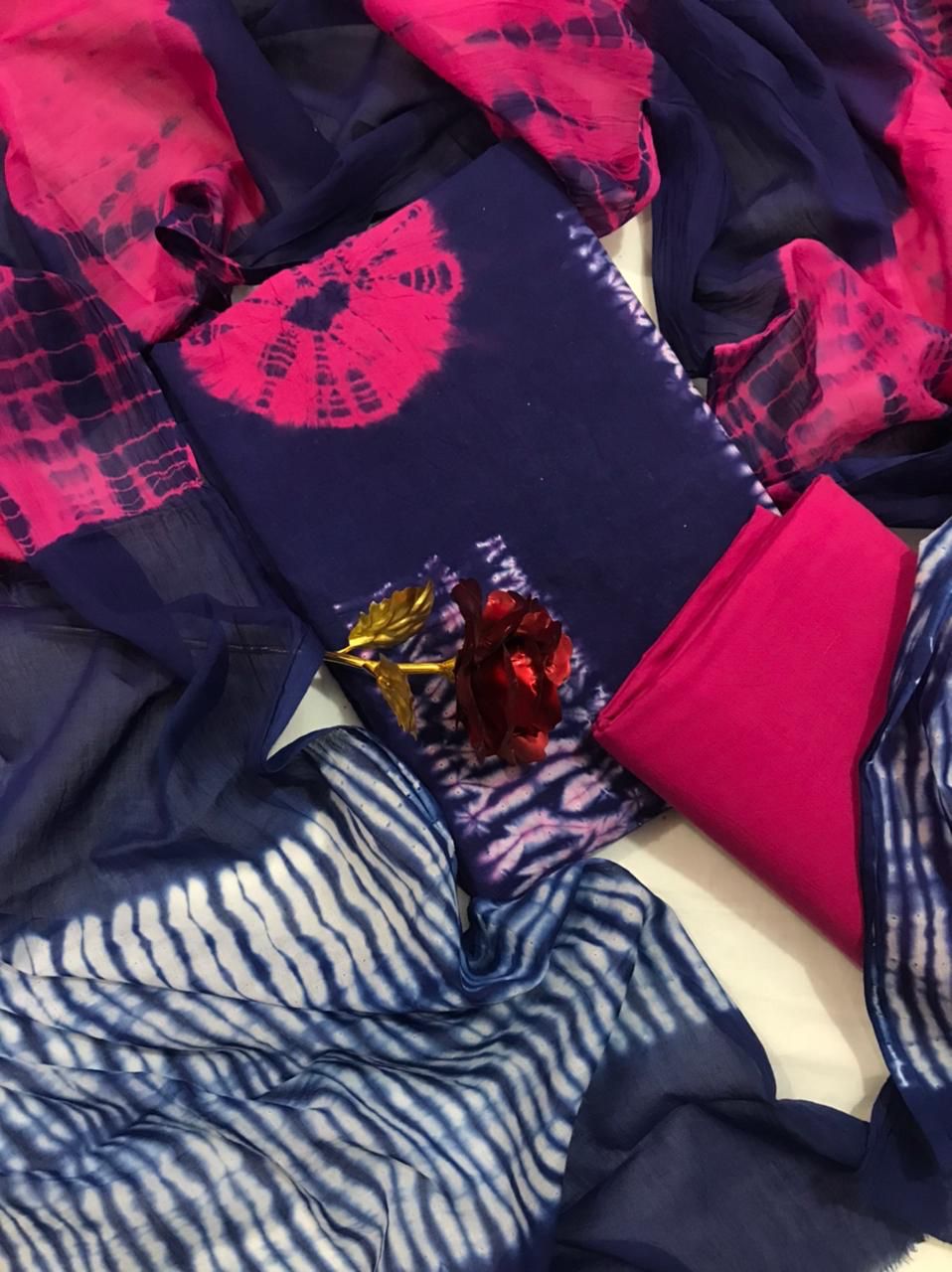 Blossom Pink & Blue Jaipuri tye-dye shibori Handblock Print Salwar Suit ...