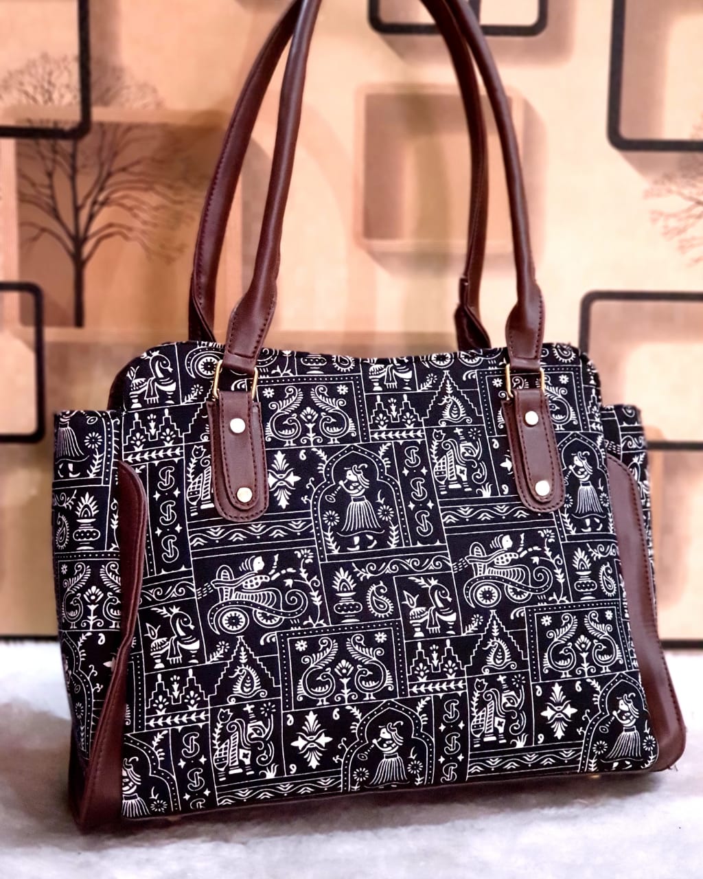 Best Black And Brown Rajasthani Print Women Fashion Handbags Top