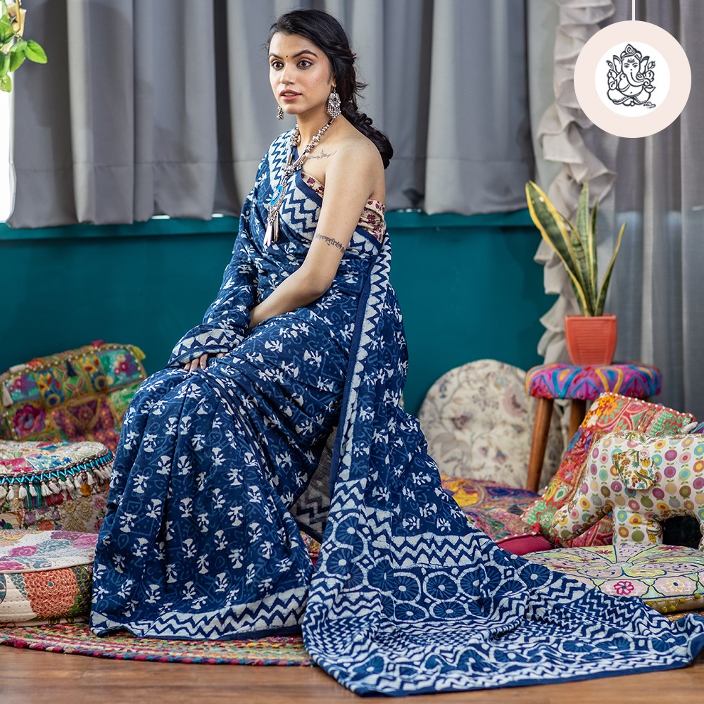 Buy Indigo Printed Pure Mulmul Cotton Hand Block Printed Indian Jaipuri  Saree With Attached Unstitched Saree Blouse, Gift for Her, Online in India  - Etsy