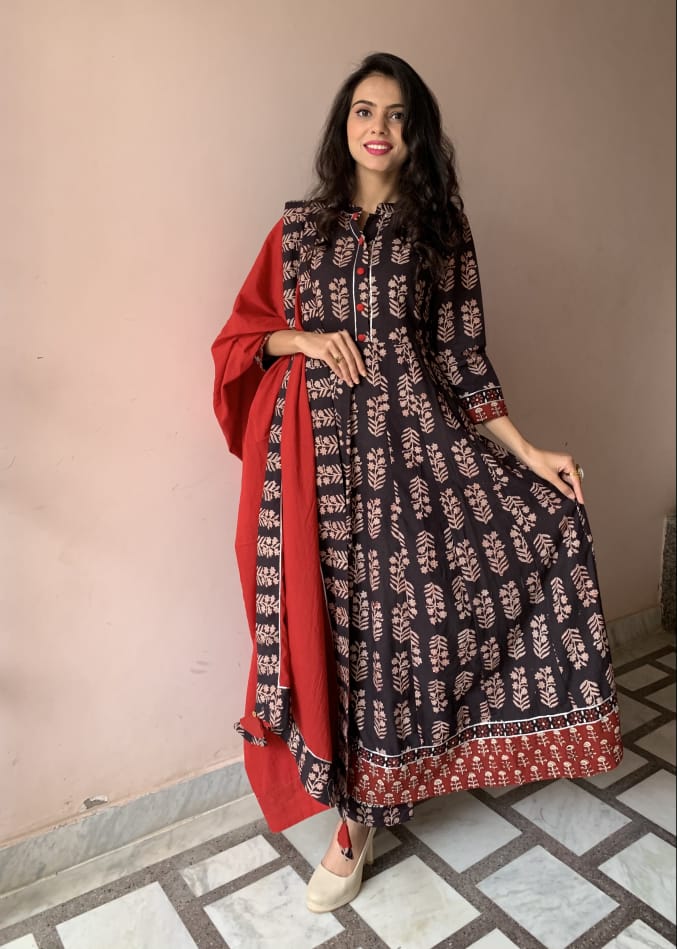 Buy Indian Anarkali Kurti White Multi Polka Print Flair Kurtis Dress Gown  with Tassels (Medium) at Amazon.in