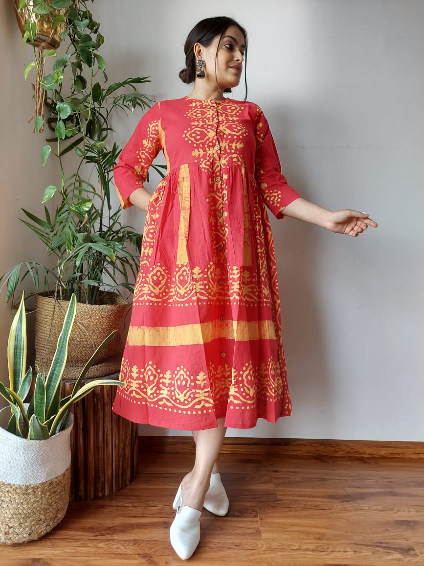 Pure Cotton Ikkat Dress Reddish Brown Color (Size XXS(32) to Plus  Size(56))-Indiehaat – Indiehaat.com