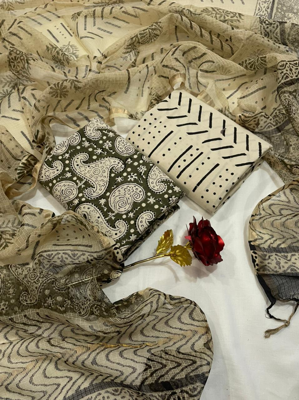 Stylish Bagru Hand Block Print Cotton Dress Material with Kota Zari Dupatta