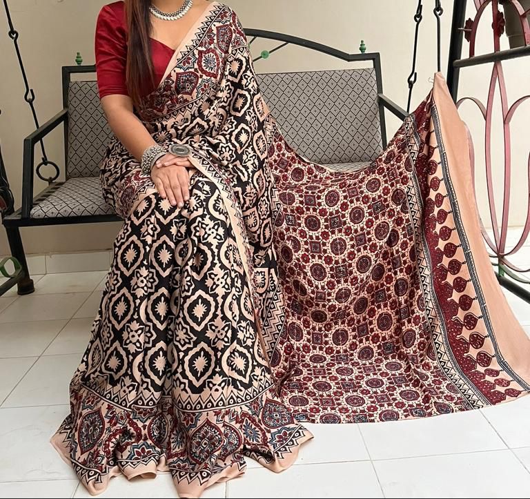 Beautiful Ajrakh Dye Natural Handblock Print Silk Saree with Blouse