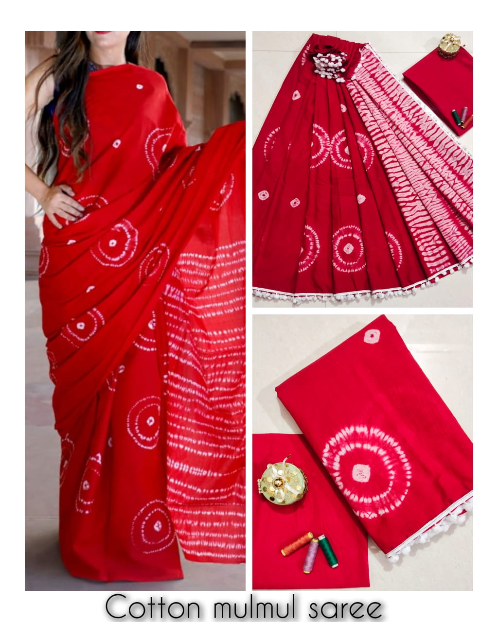 Authentic Red Sanganeri Print Cotton Mulmul Saree with Blouse