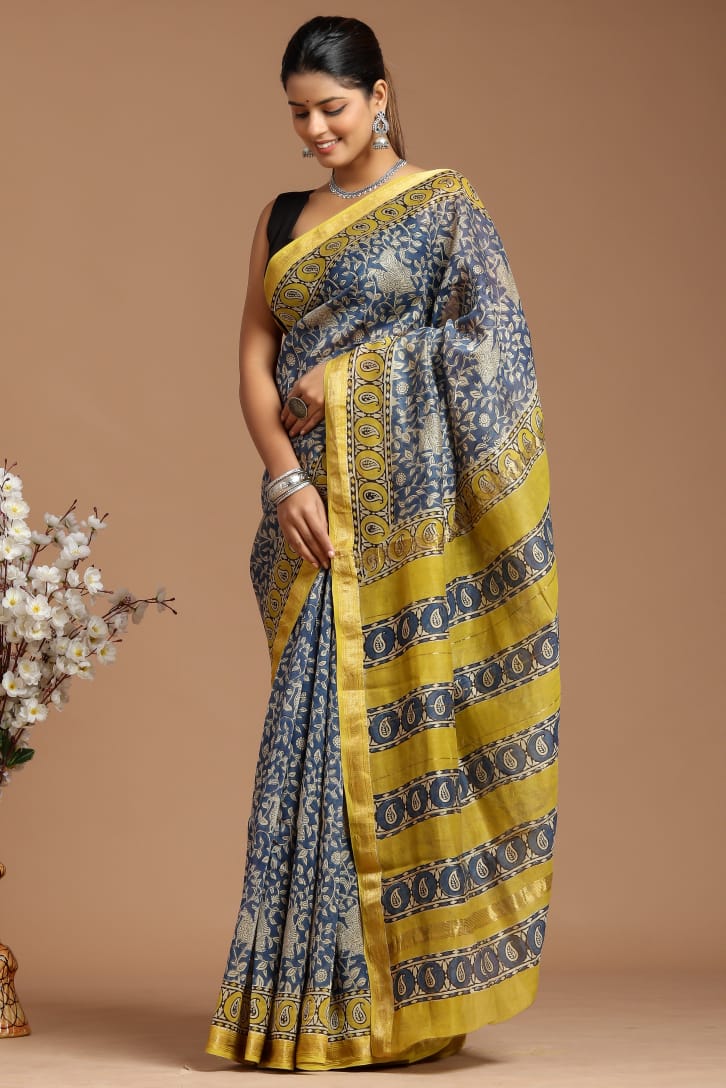 Trombone Yellow Printed Maheshwari Saree With Floral Motif Design |  Singhania's