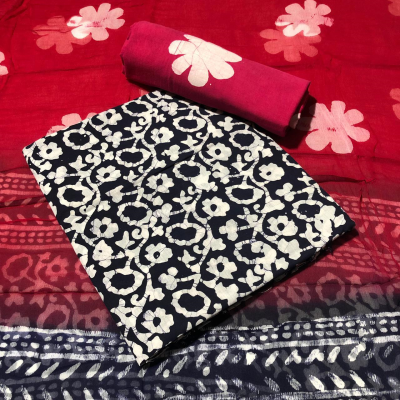 Stunning Hand Block Batik Printed Cotton Dress Material with Chiffon  Dupatta - KC010942