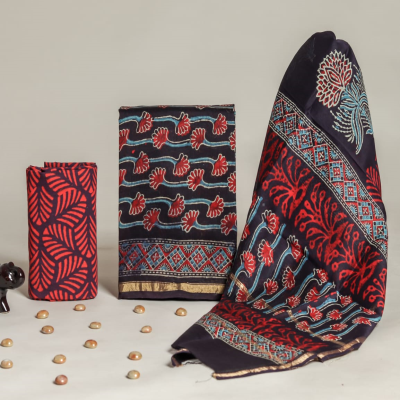 Buy Ethnics of Kutch Ajrakh Modal Silk Natural Dye Hand Block Print Dress  Material with Jari Border Dupatta - 2.5 Mt Top For Women Indigo - Maroon  RM13901B at Amazon.in