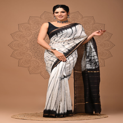 Elegant Black And White Chanderi Silk Shibori Print Saree