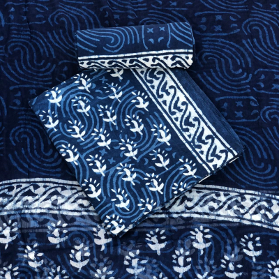 Demanding Indigo Floral Print Linen Cotton Suit Material with Dupatta
